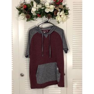 Raw Yarn industries hoodie tee in maroon and grey
